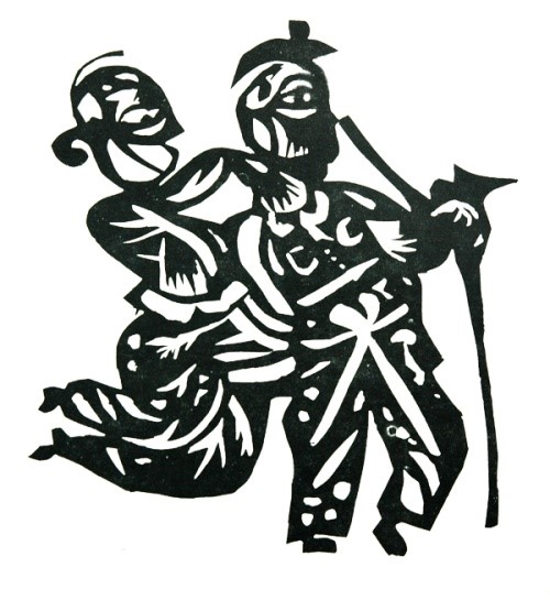 Shanxi paper-cut, Old man carrying wife.jpg
